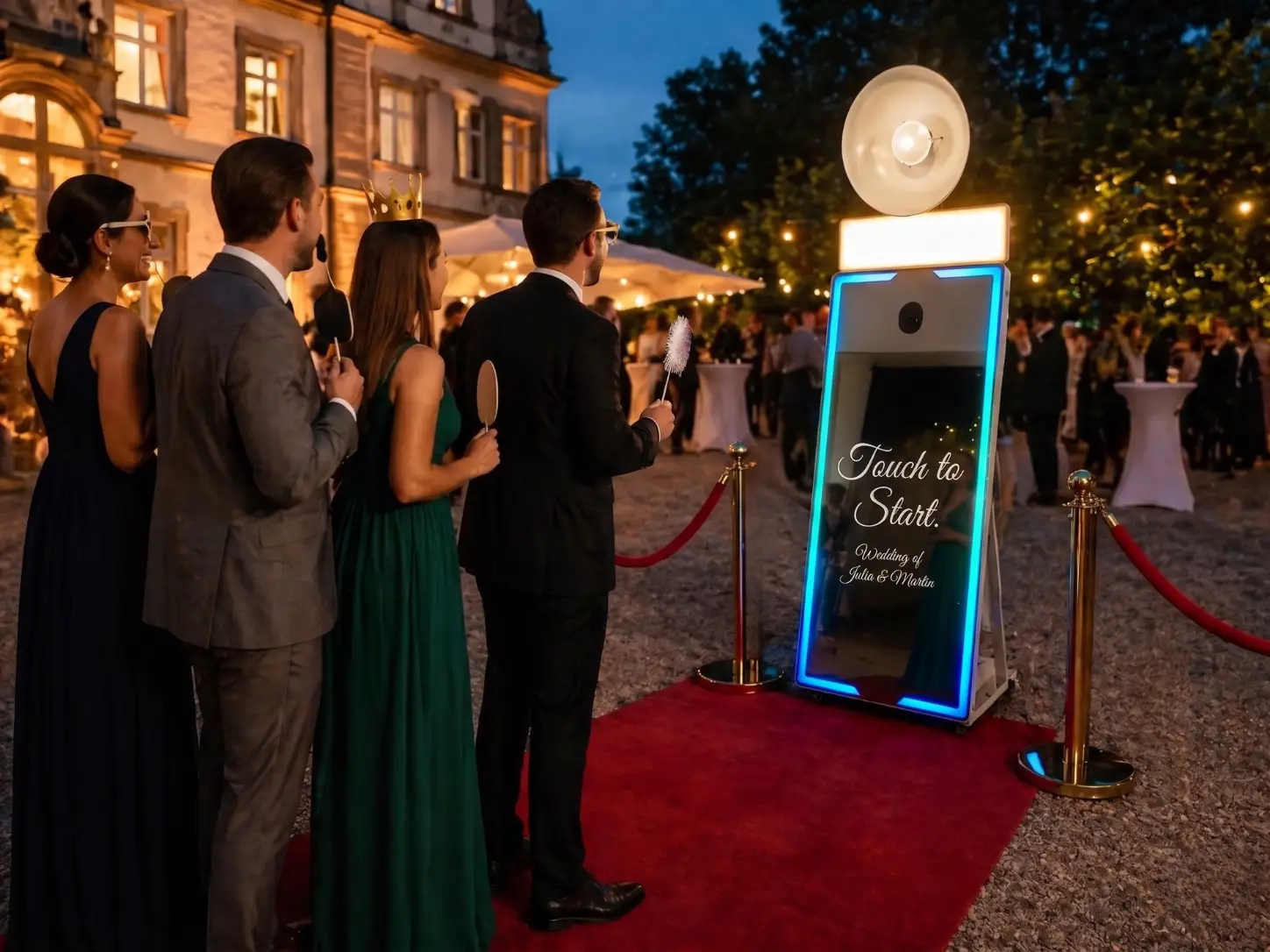 Gruppe junger Menschen vor einer Hochzeitslocation am frühen Abend posieren vor dem Premium Spiegel Fotobox vor einem Schloss in Baden-Württemberg
