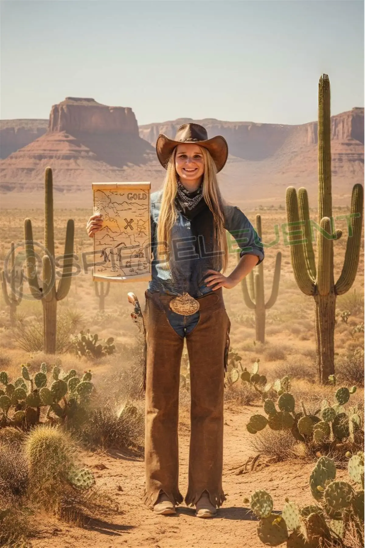 KI Fotobox Cowgirl Look mit Schatzkarte in der Wüste, Western AI Effekt