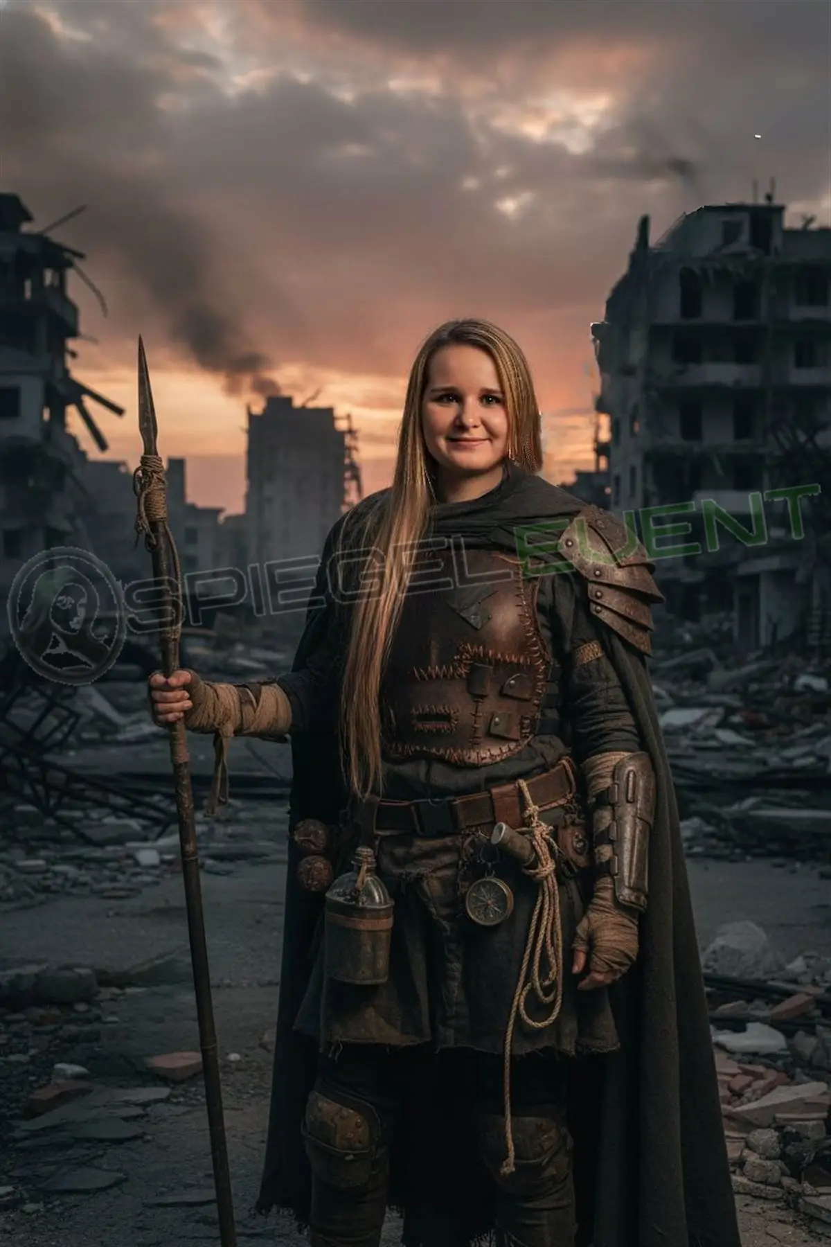 Frau mit Speer in postapokalyptischer Landschaft, Sci-Fi AI Portrait Fotospiegel